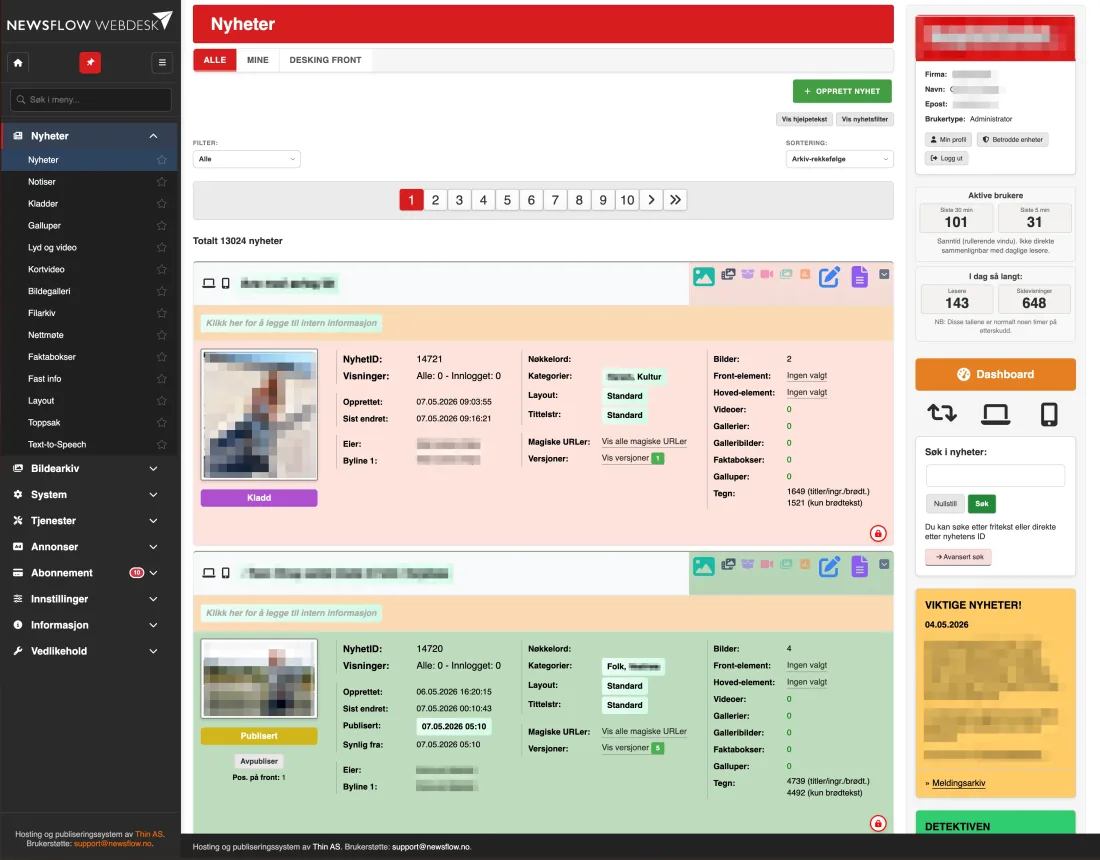 Skjermbilde av NewsFlow Webdesk — redaksjonens arbeidsflate med menyer, saksliste og statistikkpanel