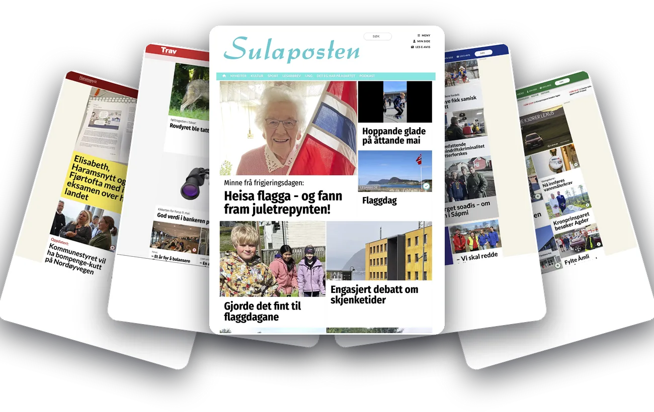 Skjermbilder fra fem av nettavisene som bruker NewsFlow — Sulaposten, Trav og Galopp-nytt, Haramsnytt, Sågat og Frolendingen